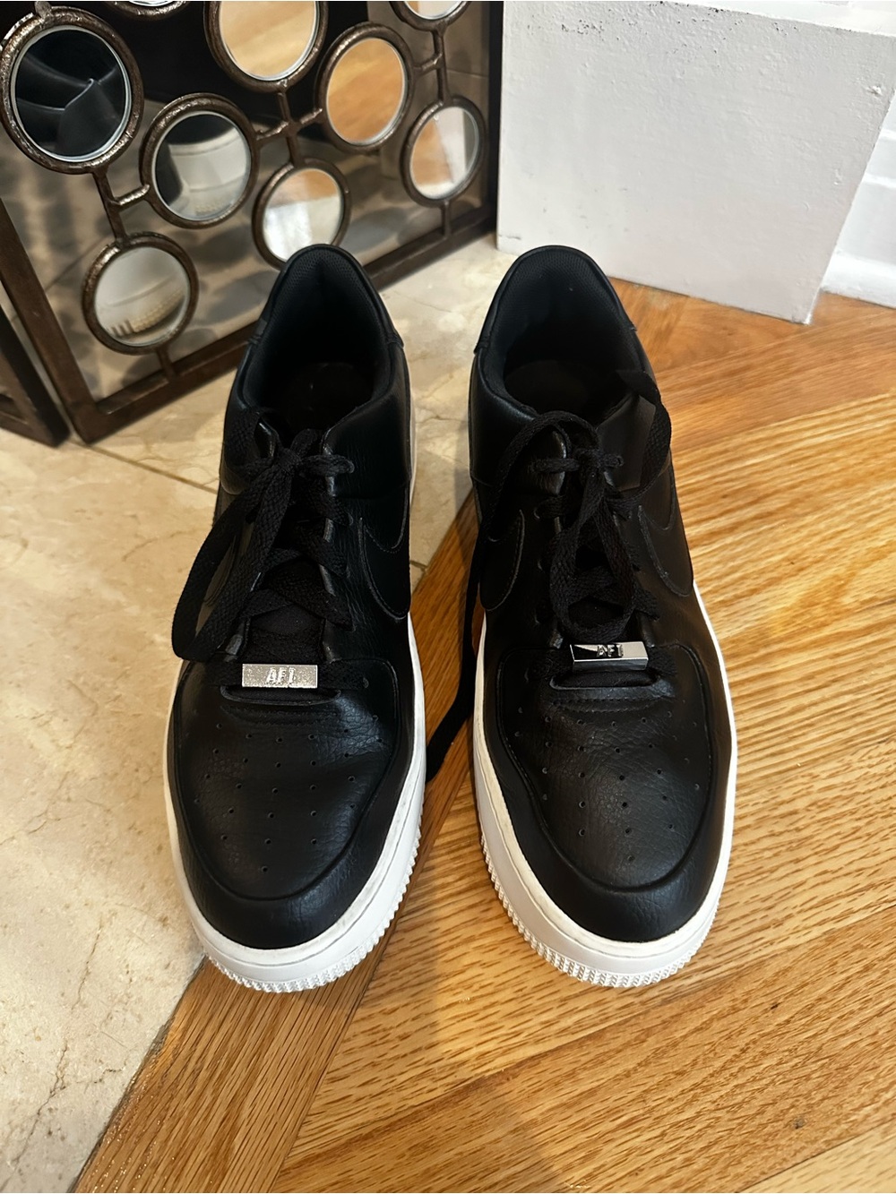 Women’s Nike AF1 Black Leather Lace-Up Sneakers with White Sole